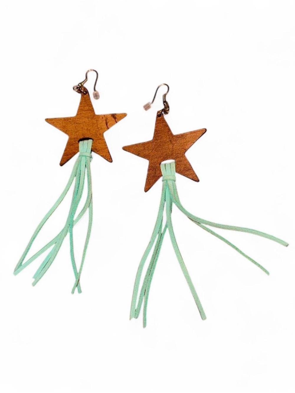 Leather Star Dangle Earrings with Mint Teal Fringe